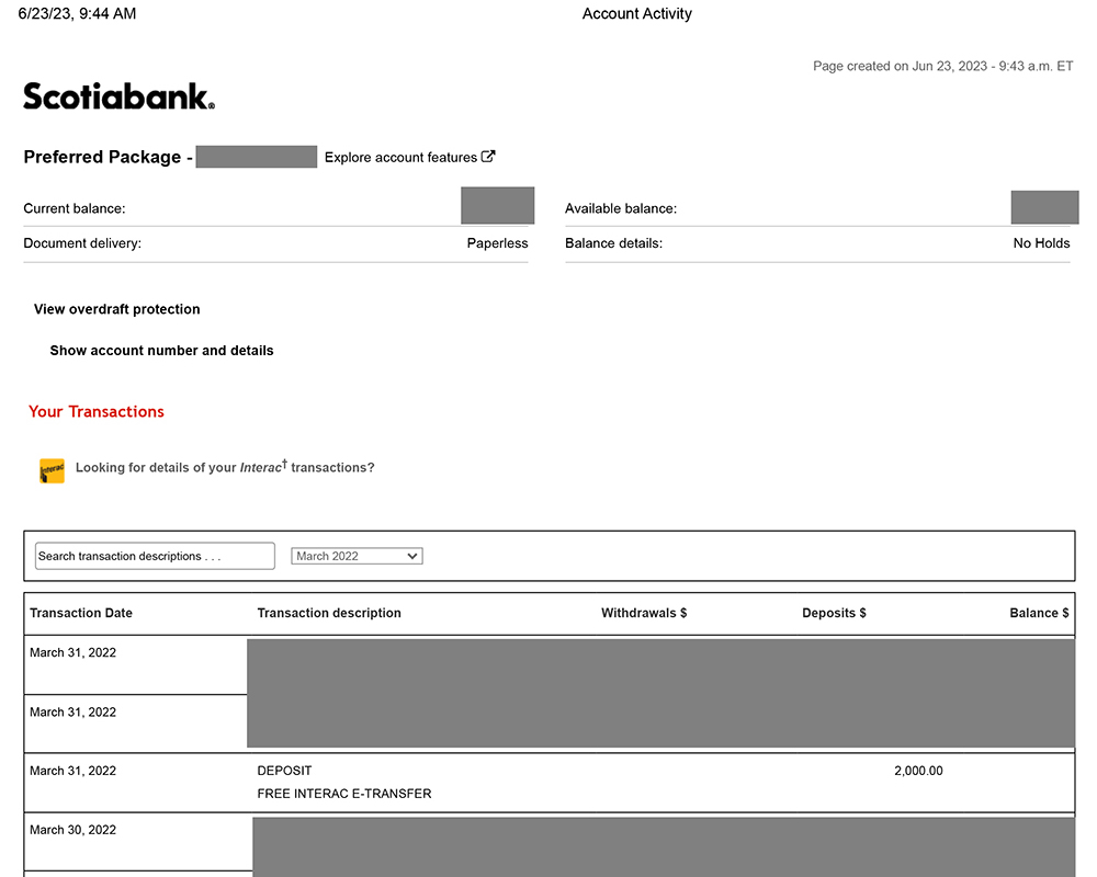 Bank record showing the loan payment by Renee Dadswell