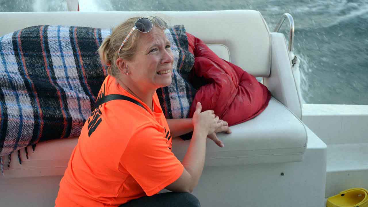Five kilometres from the shore Brenda was pulled from the water by swim officials